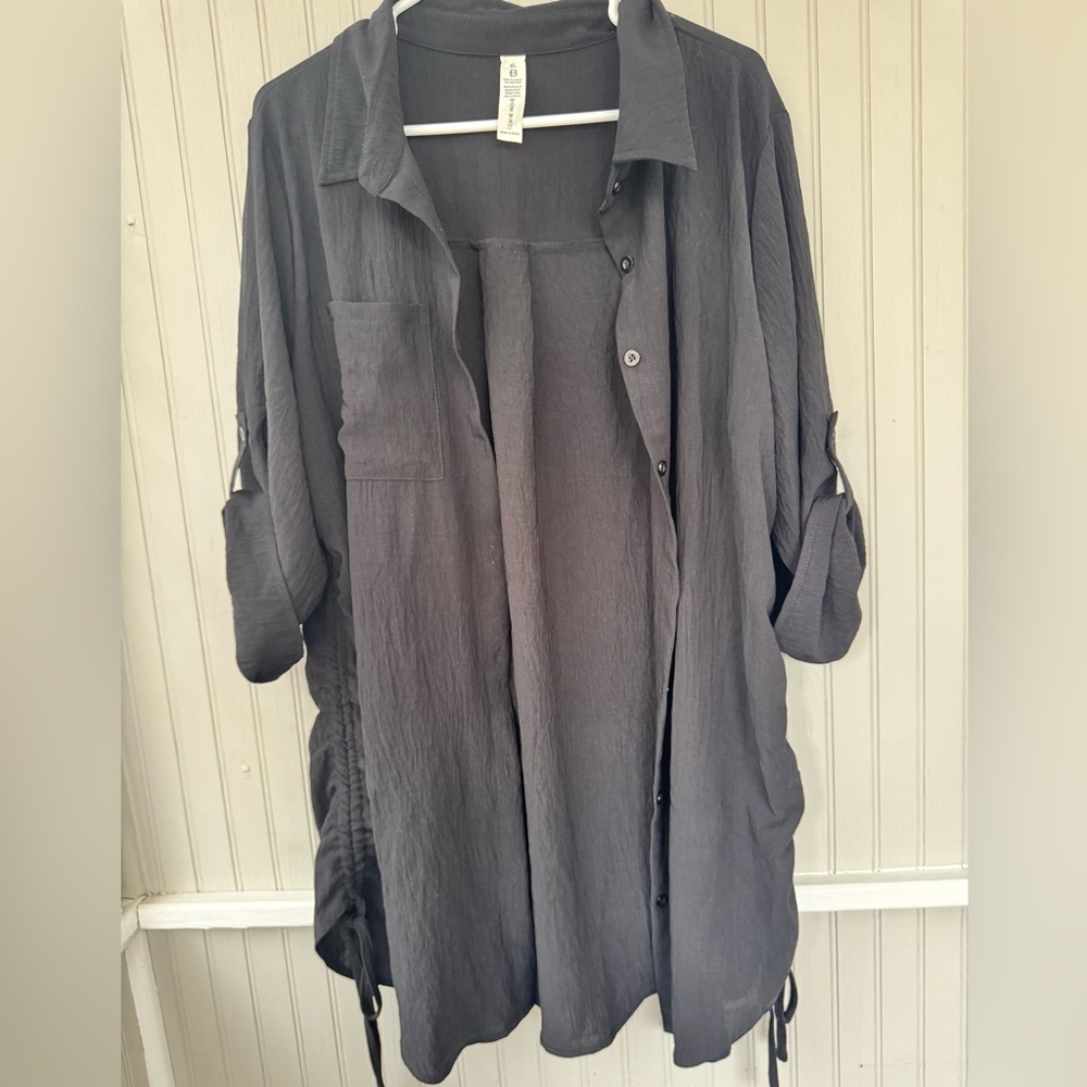 Women's Black Longline Swim Coverup Shirt with Roll-Tab Sleeves